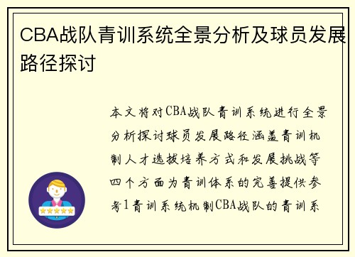 CBA战队青训系统全景分析及球员发展路径探讨